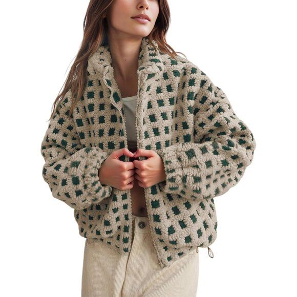 Jackets & Blazers - Women Sherpa Fleece Jacket Long Sleeve Checkered Warm Outwear with Pockets